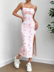 SHEIN EZwear 女式全印花雪紡懸肩開叉連身裙 - 彩色 - 查看 3