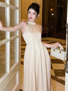 DAZY Women's Summer Solid Color Long Elegant Halter Dress, Birthday Prom Dress Sundress,Formal Women Dresses - Beige - View 6