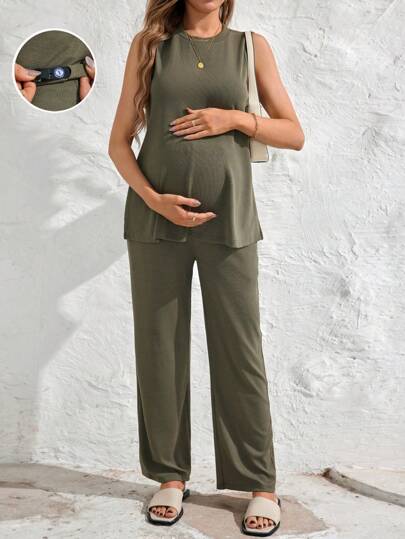 SHEIN Conjunto de 2 piezas de camiseta sin mangas con cuello redondo y abertura lateral elegante para embarazadas y pantalón recto con cintura ajustable