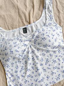 Soleia Top tipo camisola básico, estilo vacacional, de tela de punto con estampado floral azul y blanco, escote cuadrado, torcido en el frente, abertura lateral, ideal para boda, playa, resort, festival de música, verano y estilo bohemio