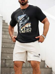 Manfinity Homme 男式棕櫚樹字母印花圓領短袖休閒T恤和短褲套裝，夏季 - 彩色 - 查看 6