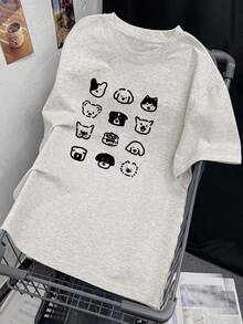 夏季休闲动物印花短袖T恤 - 淺灰色 - 查看 4