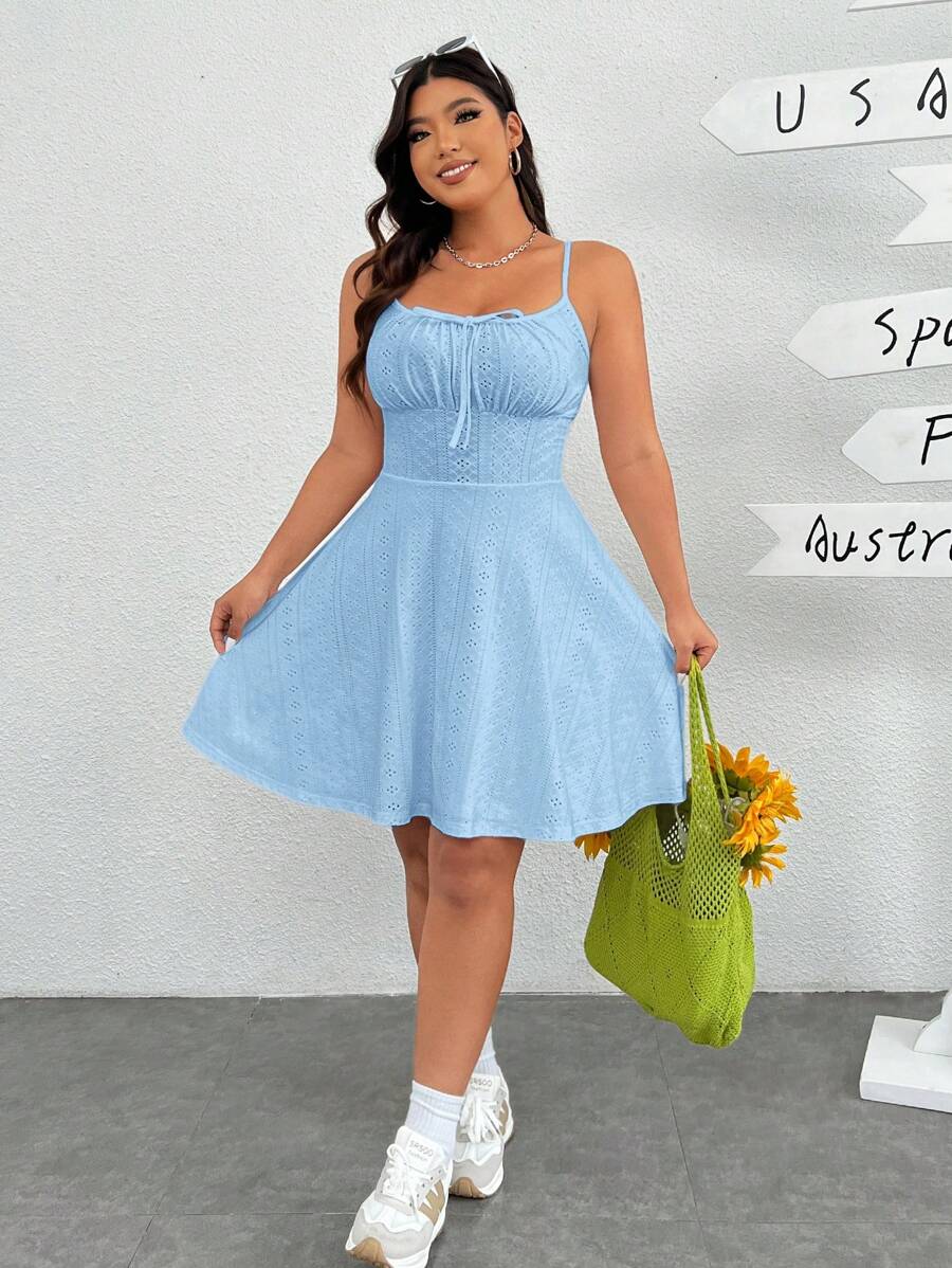 SHEIN EZwear Váy dệt kim Jacquard màu trơn cỡ lớn mùa xuân/hè có viền và dây đeo bằng vải gạc nhuộm - Màu xanh lam - Xem 1