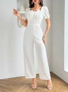 Firerie Women's Elegant White Solid Color Symmetrical Neckline Puff Sleeve Ruffle Waist Wide Leg Jumpsuit - White - View 4