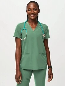 HOMEYEE Short Sleeve V-Neck Pocket Scrub Uniform Set, Vintage Casual Occupational Commute Business Sport Work Clothes Set - Mint Green - View 3