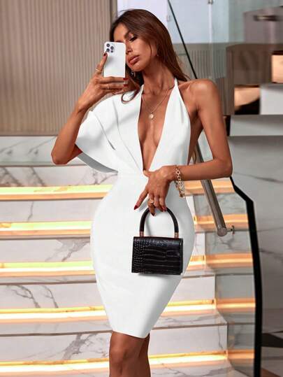 Women's Fashion Spring Summer Sexy Elegant White Halter Backless Bodycon Bandage Dress Party Cocktail Evening Dress Wedding Guest Dress