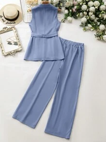 Mulvari Ladies' Plain Belted Sleeveless Top And Long Pants Summer Casual Suit