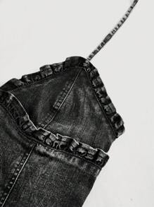 SHEIN MOD 音樂節復活節頂部可愛夏季上衣夏季襯衫鄉村音樂會上衣女士彈性露背牛仔面料上衣 - 黑色 - 查看 3