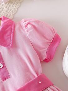 SHEIN Baby Girls' Pink Front-Button Short Sleeve Top And Pleated Waistband Skirt Set, Summer Casual And Cute - Pink - View 3