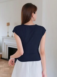 DAZY Maglietta Estate Donna Colore Solido con Incrocio a V e Plissettatura