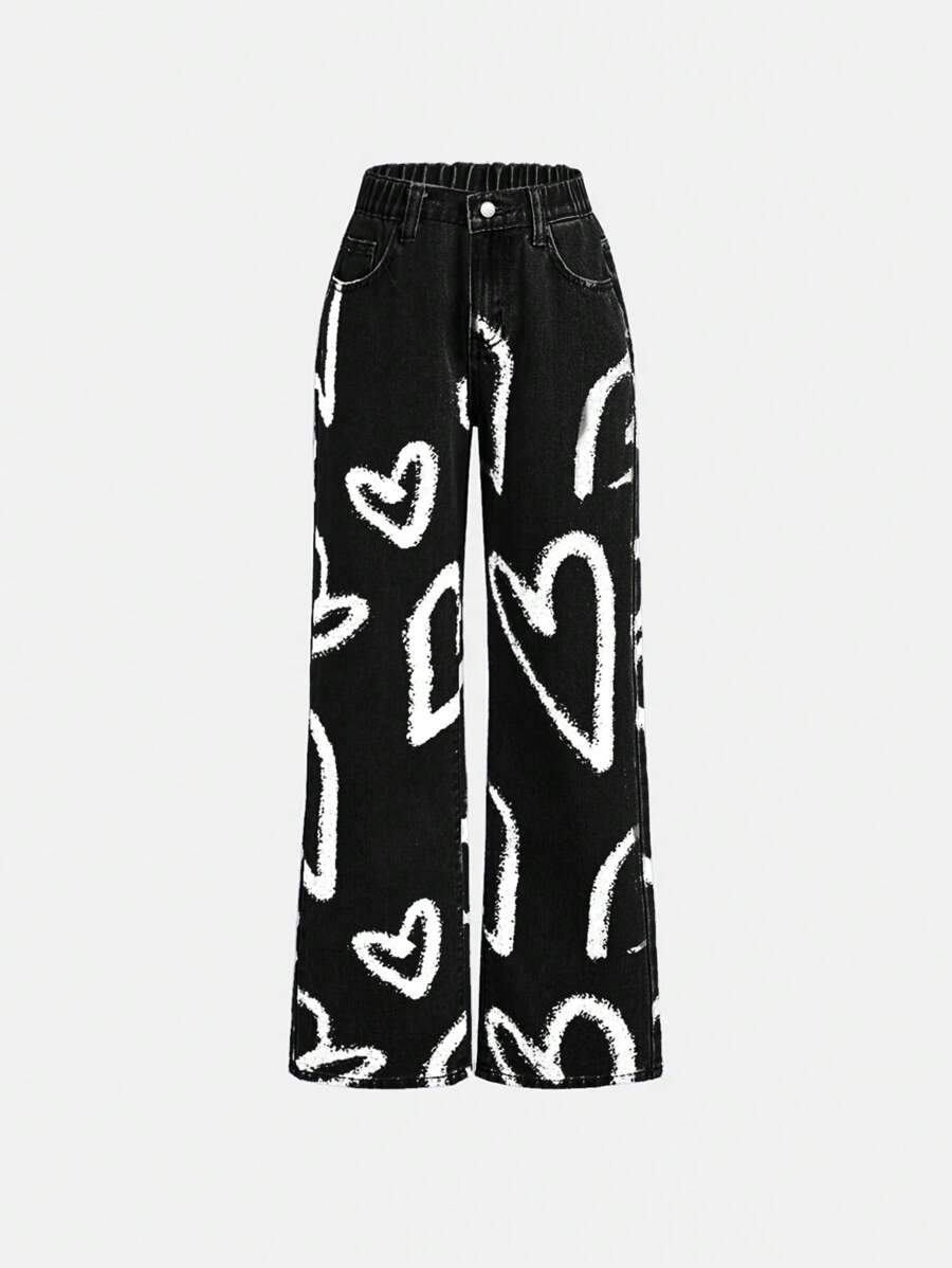 SHEIN Girlism Tween Girl Fashionable Heart Printed Denim Jeans - Black - View 1