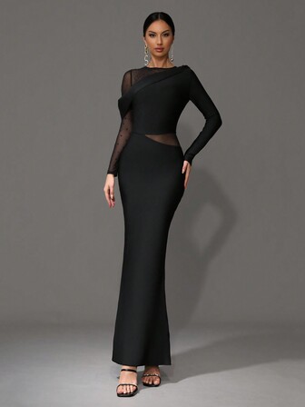 Modphy New Summer Women's Sexy Mesh Rhinestone Applique Long Sleeve Mermaid Dress, Bandage Bridesmaid Gown For Wedding Party, Evening Formal Dress, Eid Festival,Wedding Guest