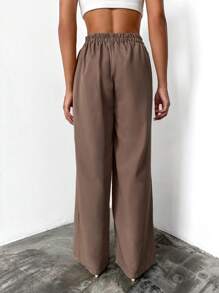 EURMUSE Pantalones de pierna ancha unicolor de cintura elástica - Beis - Ver 2