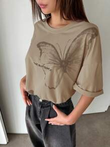 DAZY 女士夏季字母蝴蝶印花圆领宽松休闲T恤短袖超大码T恤 - 卡其色 - 查看 3