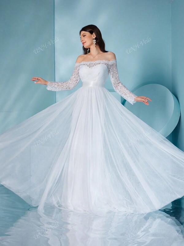 UNITHORSE Off-Shoulder Lace Contrast Mesh Long Sleeve Wedding Dress,Bride