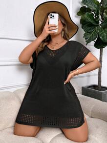 Swim Vcay Plus Size Women's Solid Color Simple Daily Short Sleeve Cover Up Summer - Black - View 3