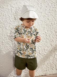 Cozy Pixies Baby Boy Knitted Soft Round Neck Short Sleeve Top With Plant & Flower Pattern, Solid Shorts 2pcs/Set - Army Green - View 3