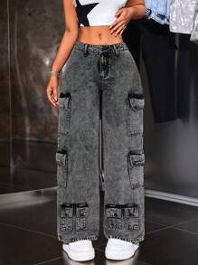 SHEIN ICON Quần jean ống rộng dáng rộng dành cho nữ có nhiều túi bảo hộ lao động - màu đen - Xem 2