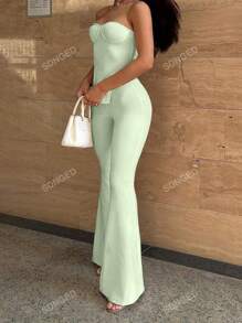 Conjunto de 2 piezas de top bandeau y pantalones acampanados de punto en un unicolor de verano con bajo asimétrico, sexy para mujer