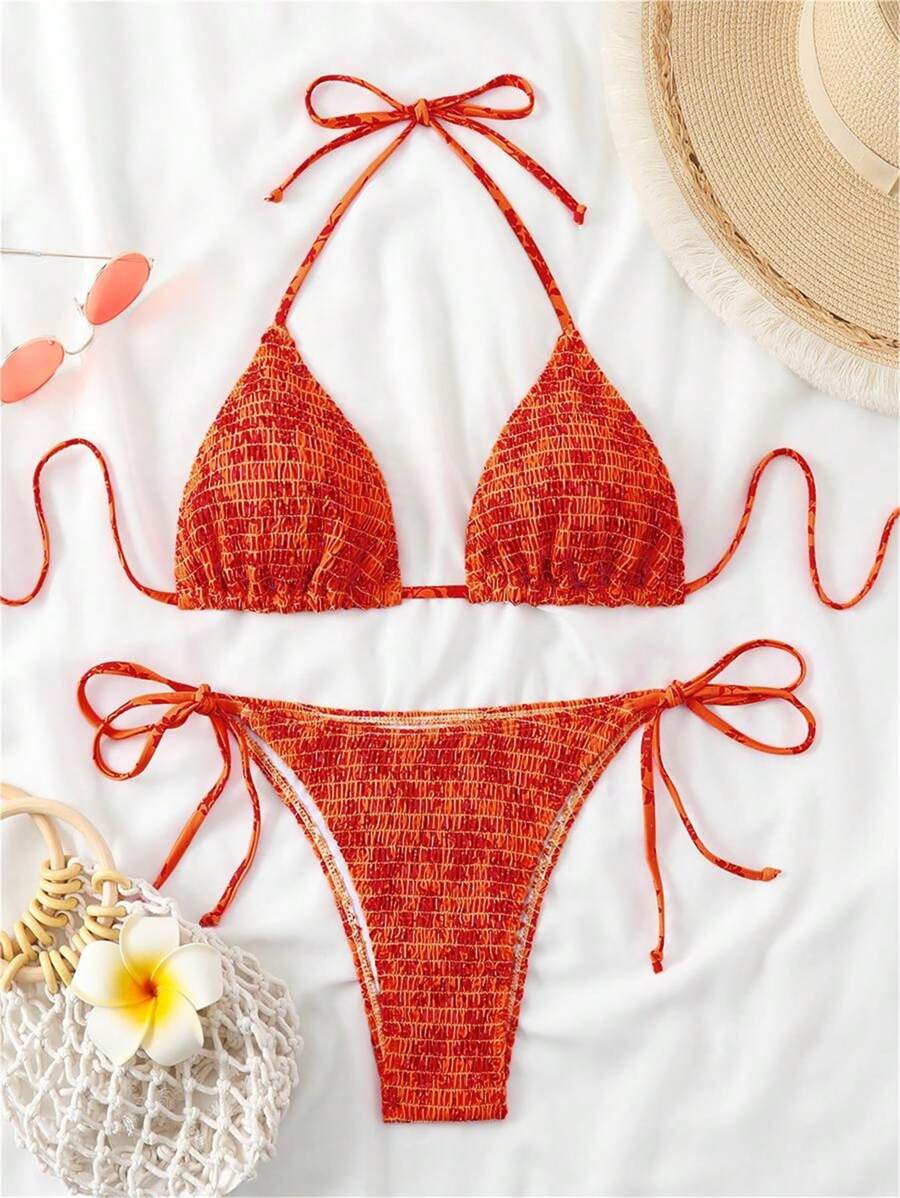 SHEIN Swim 女款夏季沙灘小花印花橙色雙肩頸綁帶性感比基尼套裝，隨機印花