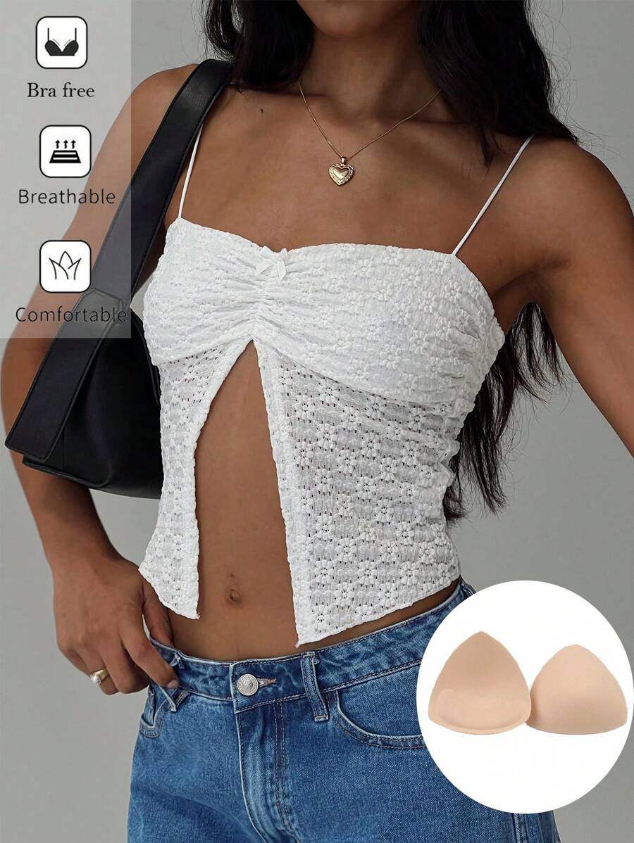 SHEIN Essnce ملابس علوية تانك توب حجم كبير نسائي بنسيج نسيج محكم وحواف مثلثة، أبيض - أبيض - مشاهدة 1