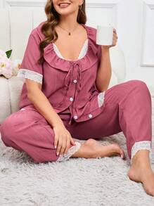 Plus Size Women's Solid Color Lace Decoration Simple Daily Pajama Set - Dusty Pink - View 4