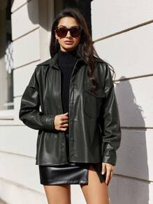 SHEIN Cottnline Drop Shoulder PU Leather Jacket - Green - View 3