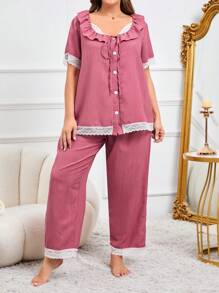 Plus Size Women's Solid Color Lace Decoration Simple Daily Pajama Set - Dusty Pink - View 3