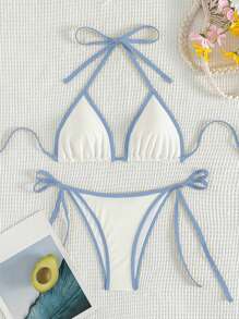 Swim Mod Conjunto de bikini sexy de verano para playa para mujer con bloque de color y cuello halter ajustable - Blanco - Ver 3