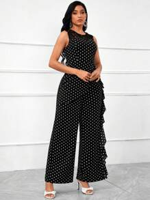 SHEIN Lady Koronkowy, patchworkowy kombinezon w kropki z szerokimi nogawkami i falbanką, odpowiedni dla nauczycieli