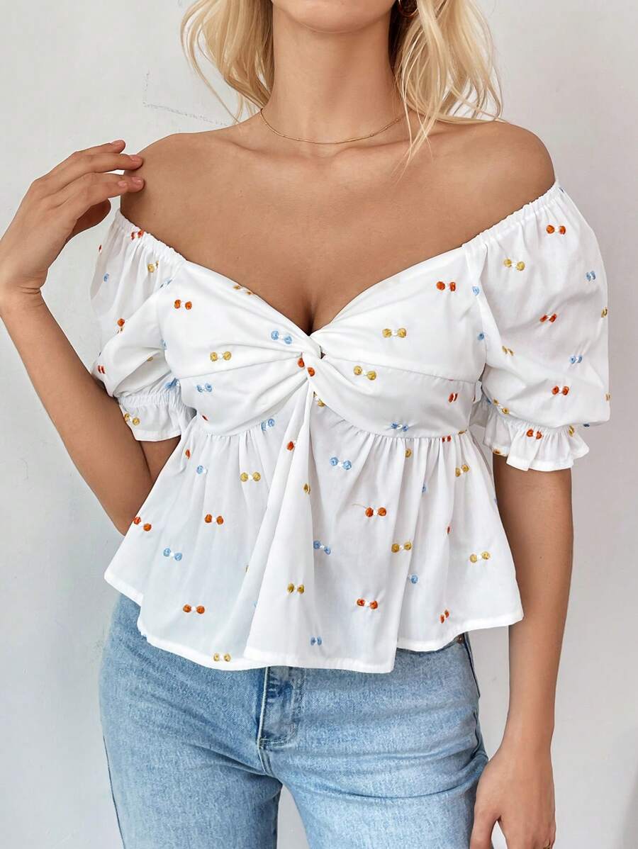 SHEIN Essnce Camisa fresca de primavera/verano para mujer con dobladillo de burbuja bordado, manga abullonada con nudo trenzado - Azul - Ver 1