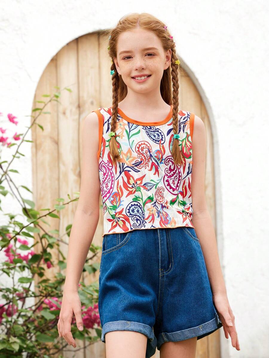 SHEIN Tween Girl Vacation Casual Colorblock Tank Top With Floral Print - Multicolor - View 1