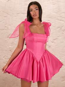 SHEIN BAE Women's Pink Bow Decorated Shoulder Strap Sweetheart Camisole Lace Patchwork Fluffy Mini Dress - Pink - View 8