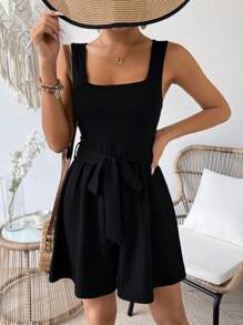 SHEIN Holidaya Solid Color Square Neck Backless Belted Sleeveless Jumpsuit For Summer - Black - View 6