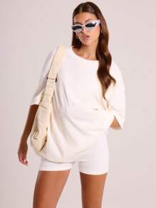 MUSERA Áo thun rộng vai rớt, thích hợp cho kỳ nghỉ xuân hè. - Màu be - Xem 1