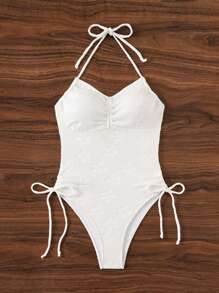 Swim Mod Summer Beach Solid Color White One-Piece Swimsuit With Drawstring Sides And Open Back Design