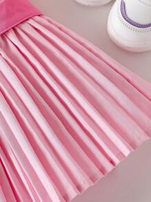 SHEIN Baby Girls' Pink Front-Button Short Sleeve Top And Pleated Waistband Skirt Set, Summer Casual And Cute - Pink - View 6