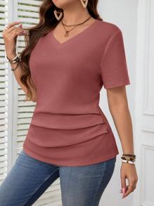 SHEIN LUNE Áo thun ngắn tay cổ chữ V có kích thước lớn dành cho nữ, mùa hè - Gỗ đỏ - Xem 3