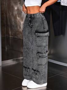SHEIN ICON Quần jean ống rộng dáng rộng dành cho nữ có nhiều túi bảo hộ lao động - màu đen - Xem 6