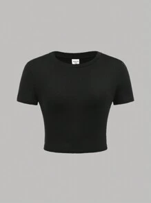 SHEIN 休閒圓領套頭純色舒適T恤套裝，適用於青少女 - 黑與白 - 查看 9