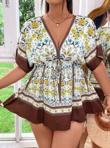 SHEIN Clasi Women's Plus Size Random Printed Short Sleeve Simple Daily Blouse - Multicolor - View 3