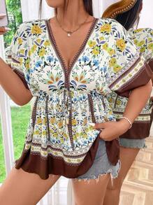 SHEIN Clasi Women's Plus Size Random Printed Short Sleeve Simple Daily Blouse - Multicolor - View 4