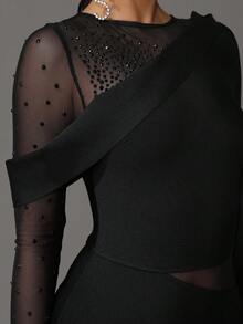 Modphy New Summer Women's Sexy Mesh Rhinestone Applique Long Sleeve Mermaid Dress, Bandage Bridesmaid Gown For Wedding Party, Evening Formal Dress, Eid Festival,Wedding Guest