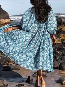 Eilly Bazar Women's Plus Size Boho Floral Print Lantern Sleeve Long Loose Vacation Dress, For Summer