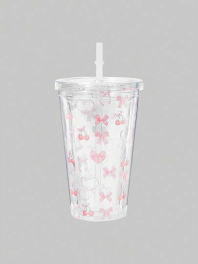 ROMWE Kawaii 1入粉紅櫻桃中空禮物雙層平底杯