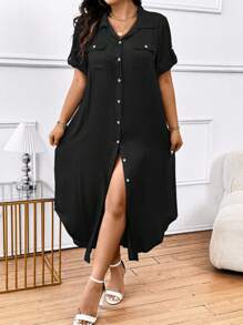 Calvaya Vestido de talla grande de unicolor con cuello vuelto, botones delanteros y bolsillo, mangas cortas, verano - Negro - Ver 4