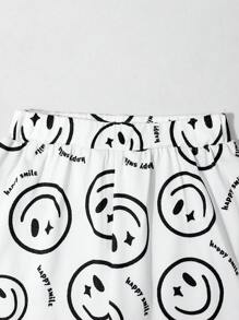 Fashionable Streetwear Girls' Outfit With Smiling Faces Print, Cool 2 In 1 Bottoms Set, High Rate Casual Summer Streetwear - Multicolor - View 8