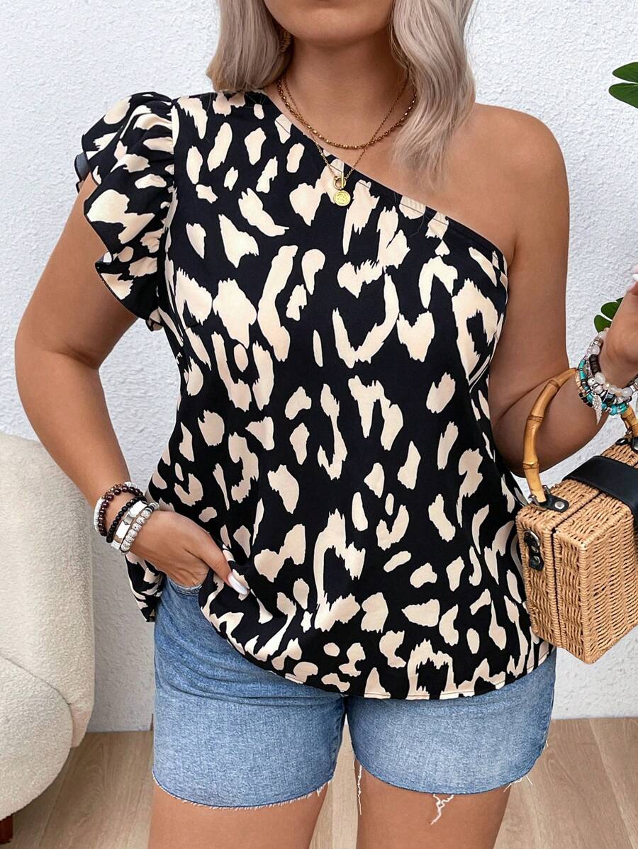 SHEIN VCAY Plus Size Leopard Print One-Shoulder Vacation Blouse With Flutter Sleeves - Multicolor - View 1