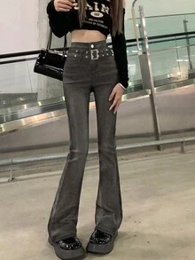 女款高腰鈕扣裝飾喇叭休閒牛仔褲，時尚百搭，附穿孔設計，適合春夏秋冬 - 淺灰色 - 查看 7