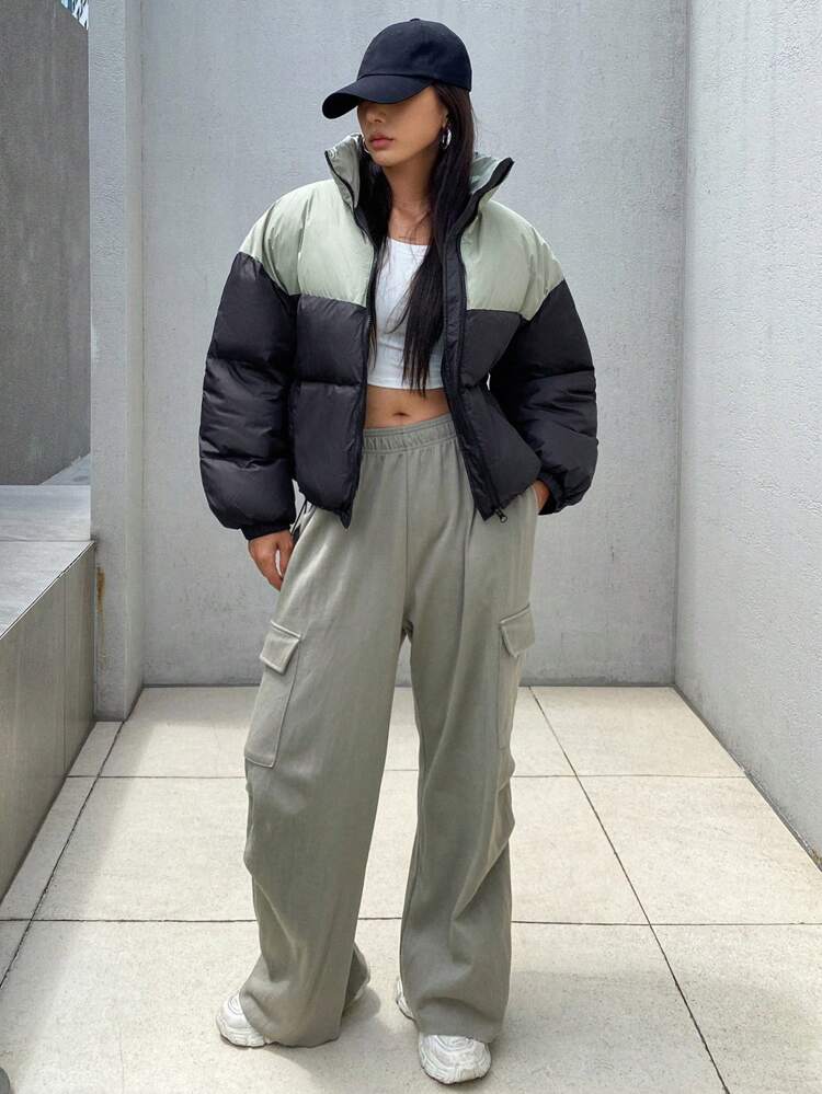 Women's Stand Collar Contrast Color Padded Coat ,Winter Women Clothes,Winter Coat Women Jacket